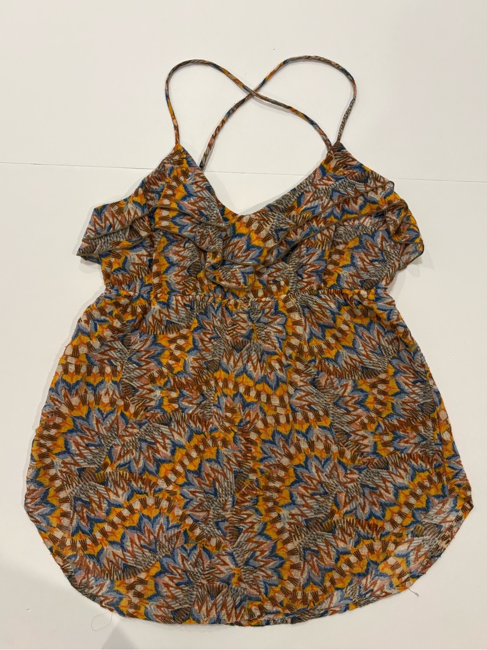 Lily White Crisscross Strap Ruffle Camisole in Blue, Mustard, Brown Pattern M